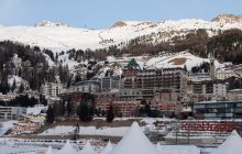 View of Badrutts Palace Hotel from the lake, one of the main sponsors of Snow Polo World Cup in St. Moritz 
