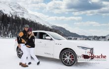 Maserati sponsored the cars and logistics at Snow Polo World Cup in St. Moritz represented by Stefano Battiston. Here Melissa Ganzi and Alejandro Novillo Astrada of Team Badrutts Palace Hotel are arriving 